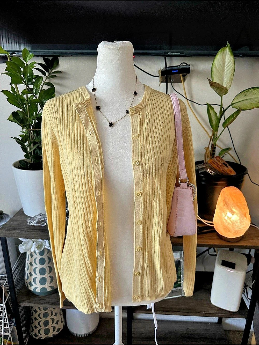 VTG August Silk 100% Pure Silk Pastel Yellow Ribbed Knit Cardigan